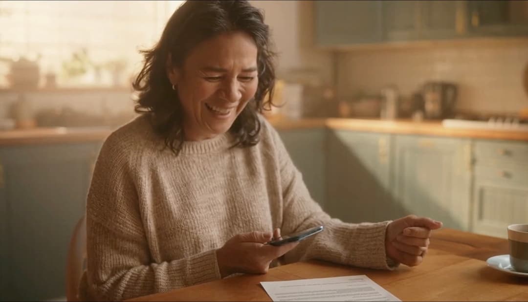 Elderly woman and young man sitting on a couch reviewing documents
